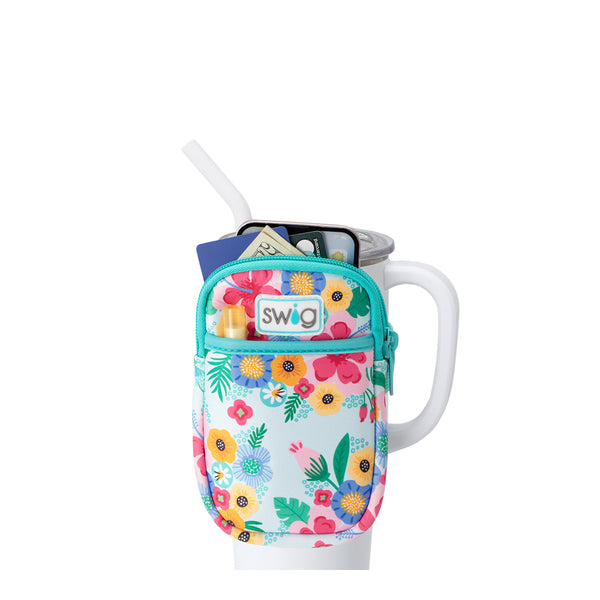 Swig Life Island Bloom Neoprene Mega Mug Pouch with two pockets containing daily essentials