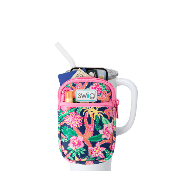Swig Life Jungle Gym Neoprene Mega Mug Pouch with two pockets containing daily essentials