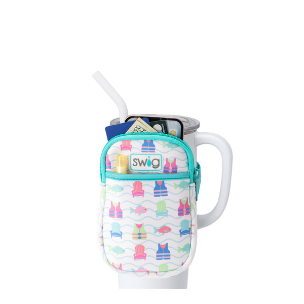 Swig Life Lake Girl Neoprene Mega Mug Pouch with two pockets containing daily essentials