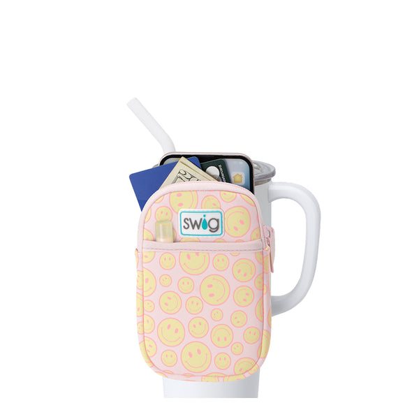 Swig Life Oh Happy Day Neoprene Mega Mug Pouch with two pockets containing daily essentials