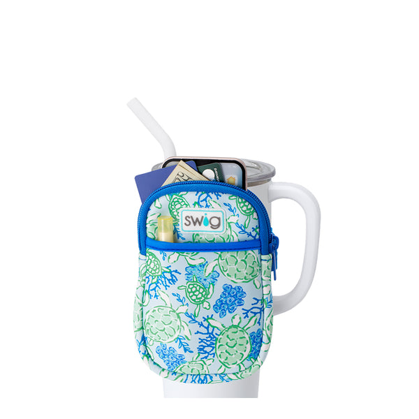 Swig Life Shell Yeah Neoprene Mega Mug Pouch with two pockets containing daily essentials