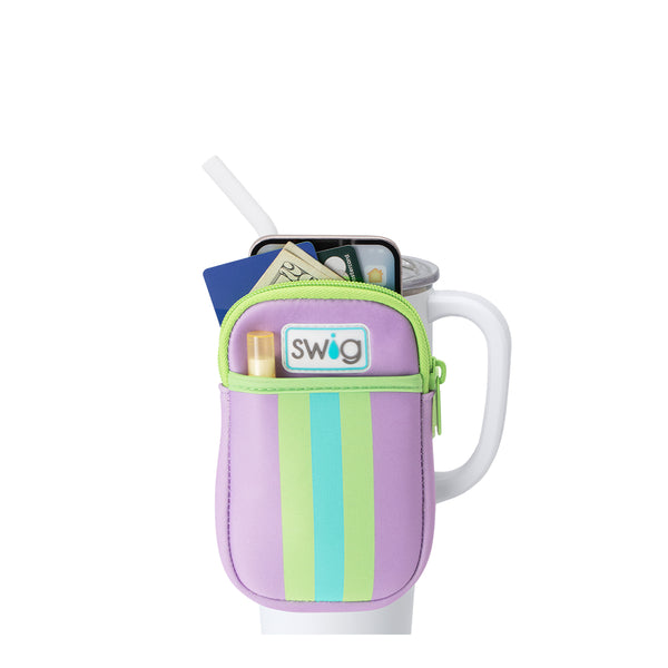 Swig Life Ultra Violet Neoprene Mega Mug Pouch with two pockets containing daily essentials