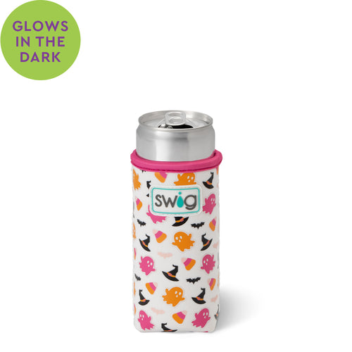 Swig Life Hey Boo Insulated Neoprene Slim Can Coolie with Glow-in-the-dark pattern