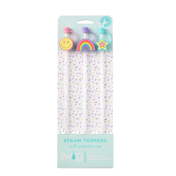 Swig Life Oh Happy Day Straw Topper Set including three straws and three silicone toppers