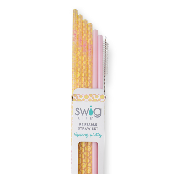 Swig Life Oh Happy Day + Pink Reusable Straw Set with six straws and cleaning brush