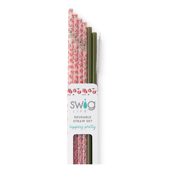 Swig Life On the Prowl + Olive Reusable Straw Set with six straws and cleaning brush