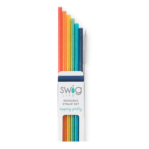Swig Life Retro Rainbow Glitter Reusable Straw Set with six straws and cleaning brush