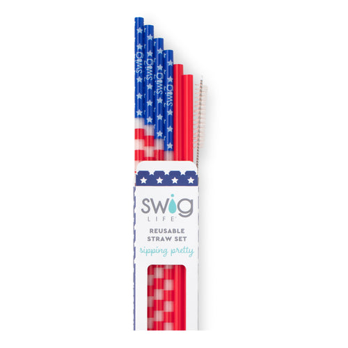 Swig Life All American Reusable Straw Set with six straws and cleaning brush