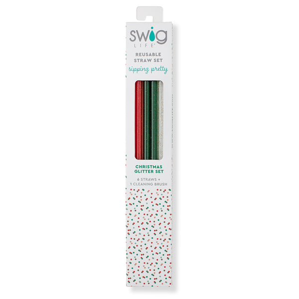 Swig Life Christmas Glitter Reusable Straw Set inside packaging