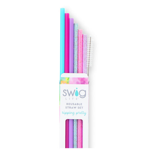 Swig Life Cloud Nine Glitter Reusable Straw Set with six straws and cleaning brush
