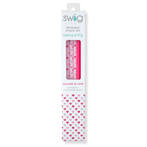 Swig Life Falling in Love + Pink Reusable Straw Set inside packaging