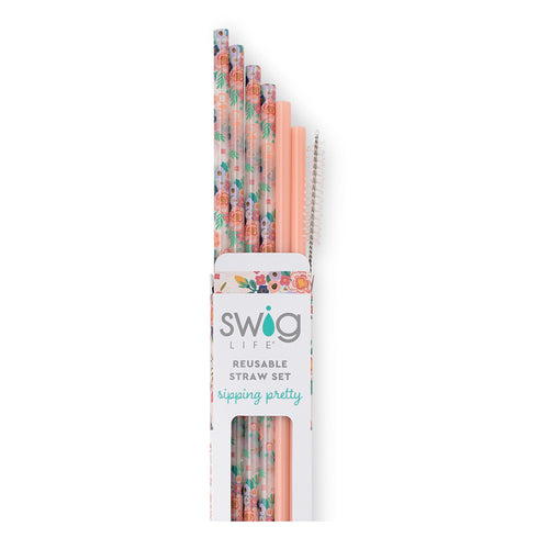 Swig Life Full Bloom + Coral Reusable Straw Set with six straws and cleaning brush