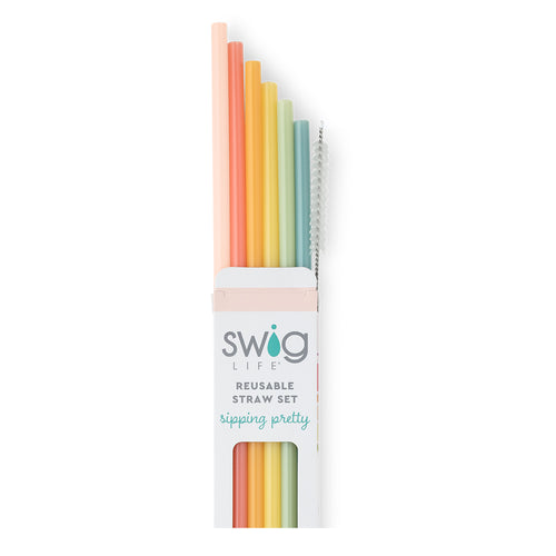 Swig Life Good Vibrations Rainbow Reusable Straw Set with six straws and cleaning brush