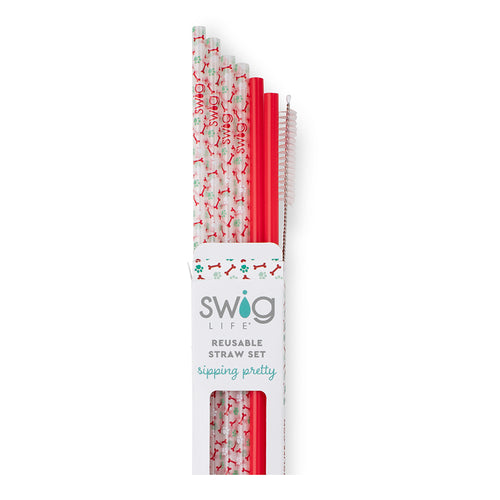 Swig Life Happy Howlidays + Red Reusable Straw Set with six straws and cleaning brush