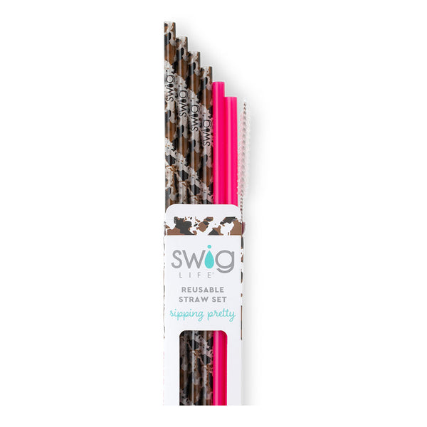 Swig Life Hayride + Hot Pink Reusable Straw Set with six straws and cleaning brush