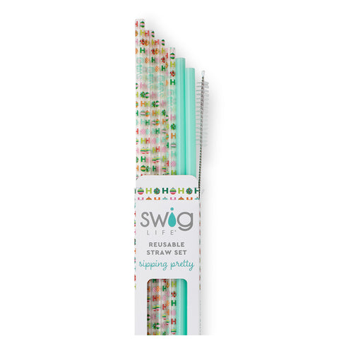 Swig Life Hohoho + Mint Reusable Straw Set with six straws and cleaning brush