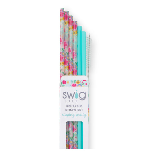 Swig Life Island Bloom + Mint Reusable Straw Set with six straws and cleaning brush