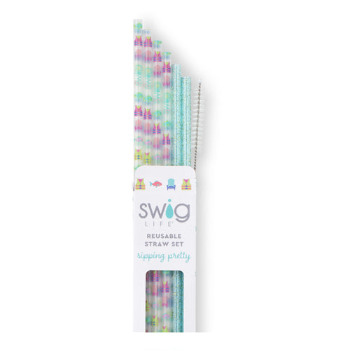 Swig Life Lake Girl + Aqua Glitter Reusable Straw Set with six straws and cleaning brush