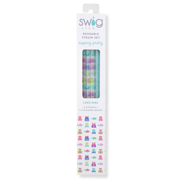 Swig Life Lake Girl + Aqua Glitter Reusable Straw Set inside packaging