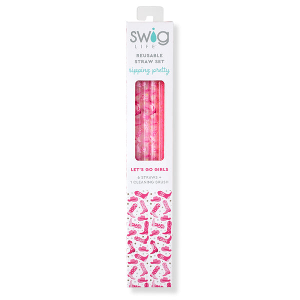 Swig Life Let's Go Girls + Pink Glitter Reusable Straw Set inside packaging