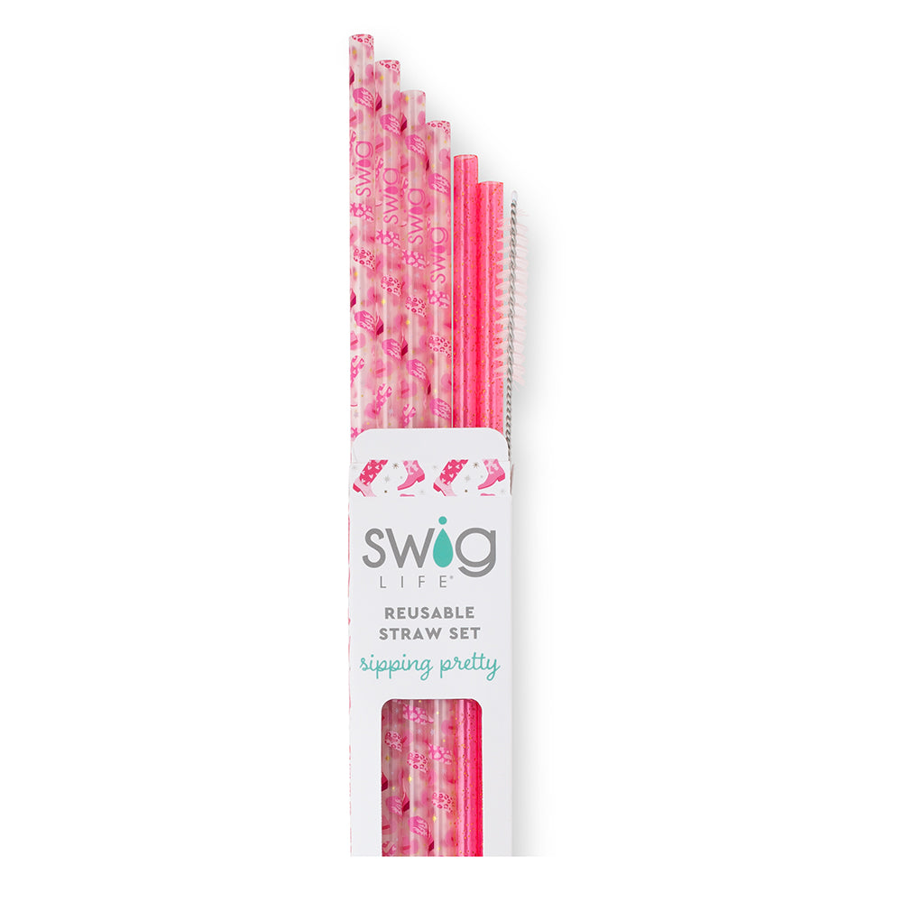 Swig Life Let's Go Girls + Pink Glitter Reusable Straw Set with six straws and cleaning brush