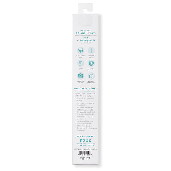 Swig Life Nutcracker + Hot Pink Reusable Straw Set back of packaging