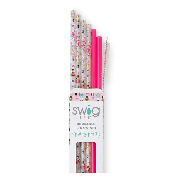 Swig Life Nutcracker + Hot Pink Reusable Straw Set with six straws and cleaning brush