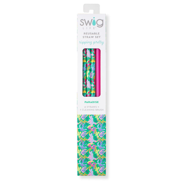 Swig Life Paradise + Hot Pink Reusable Straw Set inside packaging