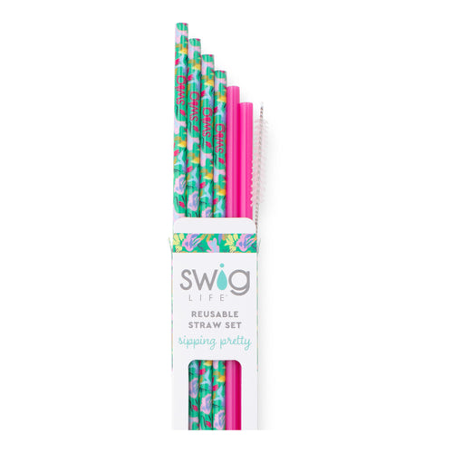 Swig Life Paradise + Hot Pink Reusable Straw Set with six straws and cleaning brush
