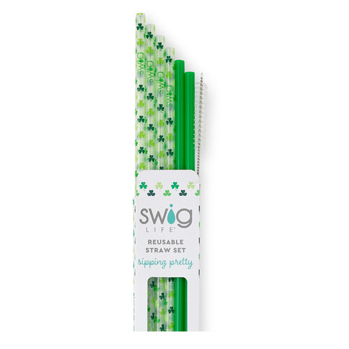 Swig Life Pinch Proof + Green Reusable Straw Set with six straws and cleaning brush