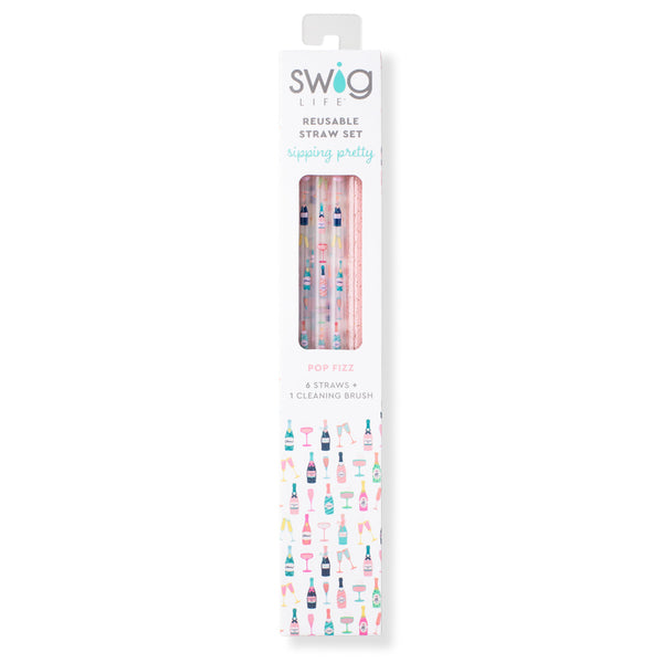 Swig Life Pop Fizz + Pink Glitter Reusable Straw Set inside packaging