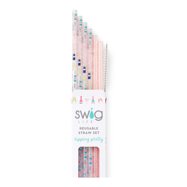Swig Life Pop Fizz + Pink Glitter Reusable Straw Set with six straws and cleaning brush