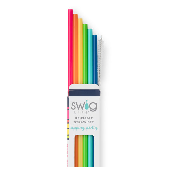 Swig Life Rainbow Reusable Straw Set with six straws and cleaning brush