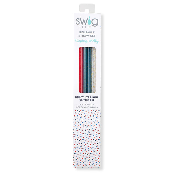 Swig Life Red, White & Blue Glitter Reusable Straw Set inside packaging