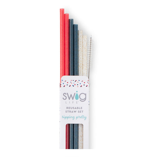 Swig Life Red, White & Blue Glitter Reusable Straw Set with six straws and cleaning brush