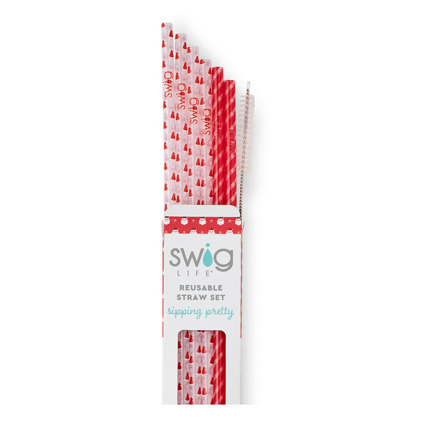 Swig Life Santa Baby + Candy Cane Reusable Straw Set with six straws and cleaning brush