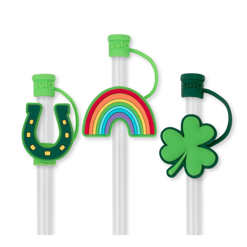Swig Life St. Patrick's Day Straw Topper Set Animation showing silicone caps coming on and off of straws