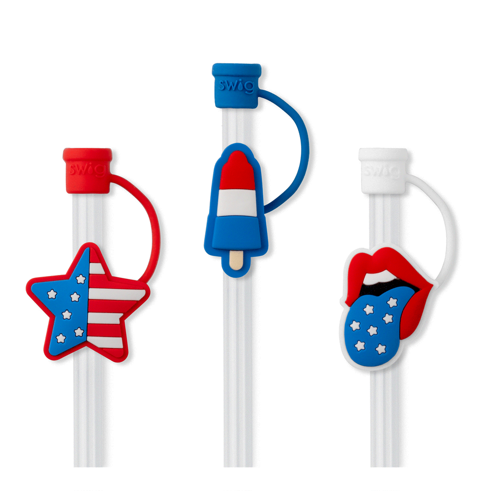 Swig Life All American Straw Topper Set Animation showing silicone caps coming on and off of straws