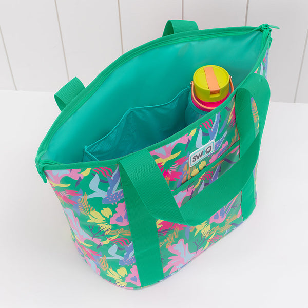 Swig Life Paradise Zippi Tote Bag open with a Frutti Tutti 36oz Flip + Sip Bottle inside