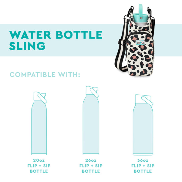 Swig Life Water Bottle Sling Fit Guide infographic showing compatible Flip + Sip Water Bottle sizes