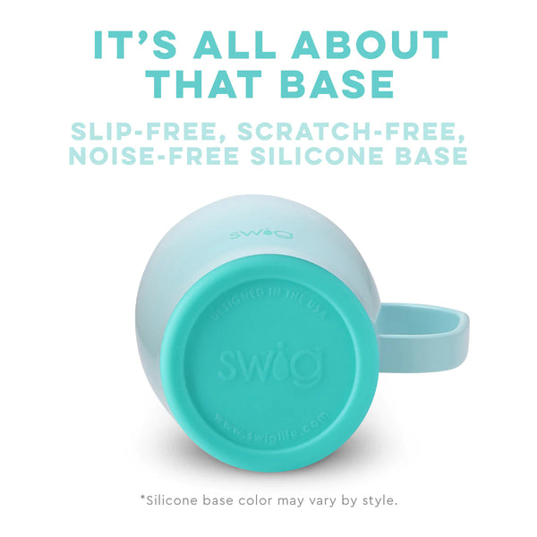 Swig Life Built-in Silicone Coaster Base infographic shown in Aqua - slip-free, scratch-free, noise-free 