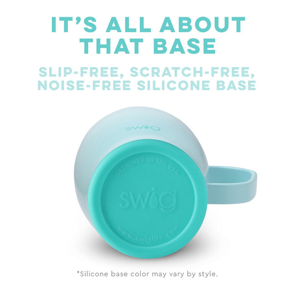 Swig Life Built-in Silicone Coaster Base infographic shown in Aqua - slip-free, scratch-free, noise-free 