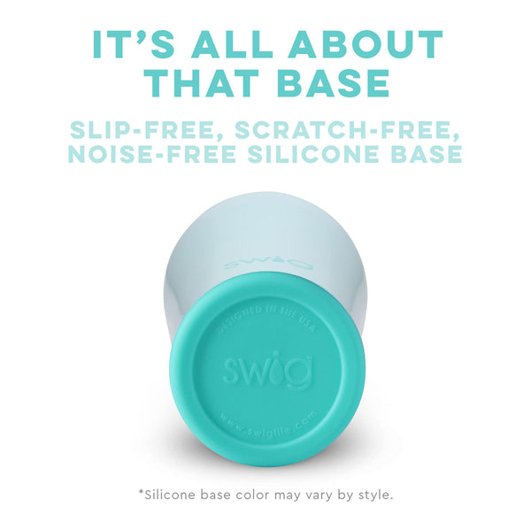 Swig Life Built-in Silicone Coaster Base infographic shown in Aqua - slip-free, scratch-free, noise-free 