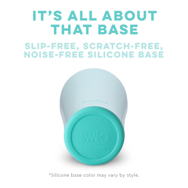 Swig Life Built-in Silicone Coaster Base infographic shown in Aqua - slip-free, scratch-free, noise-free 