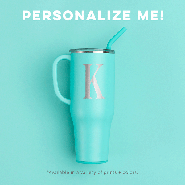 Infographic animation showing personalization options offered on a Swig Life Mega Mug shown in Aqua