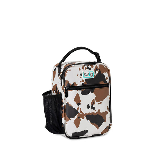 Swig Life Hayride Cow Print Insulated Boxxi Lunch Bag with top handle, side pocket, and front zipper pouch