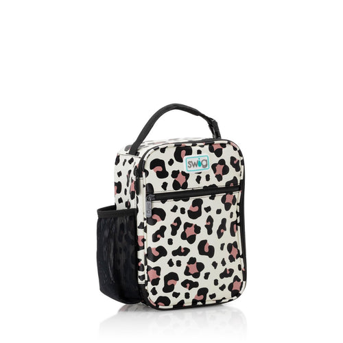 Swig Life Luxy Leopard Insulated Boxxi Lunch Bag with top handle, side pocket, and front zipper pouch