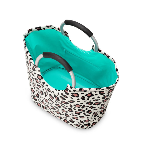Swig Life Luxy Leopard Loopi Tote Bag open view from the top with aqua insulated liner and inside zipper pocket