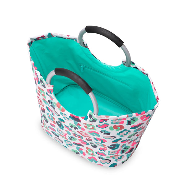 Party Animal Loopi Tote Bag open view from the top with aqua insulated liner and inside zipper pocket