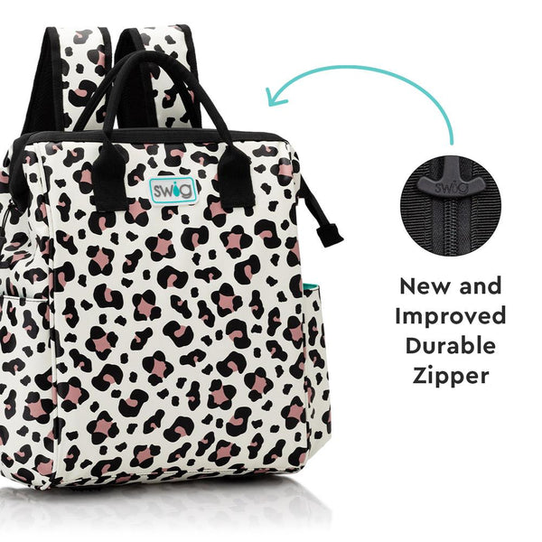 Swig Life Luxy Leopard Packi Backpack Cooler infographic showing a closeup of the new and improved durable zipper